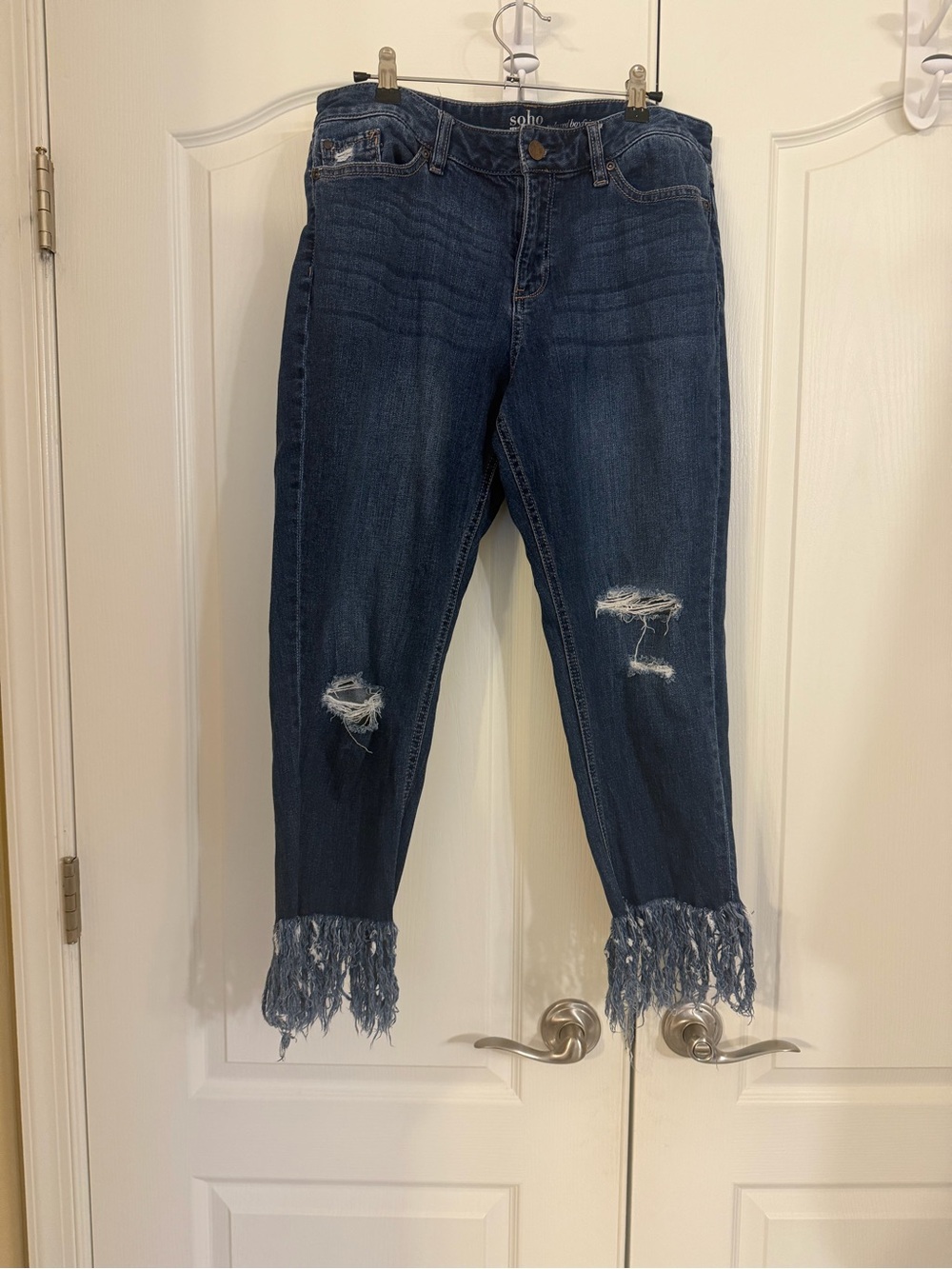 New York & Company Dark Blue Distressed Cropped Jeans with Fringe Hem